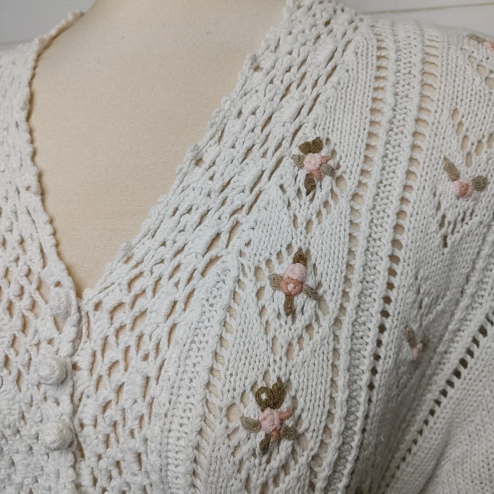 Vintage Hand Crafted Ramie Cotton Rosebud Crochet Cardigan Size S/M - Picture 4 of 12